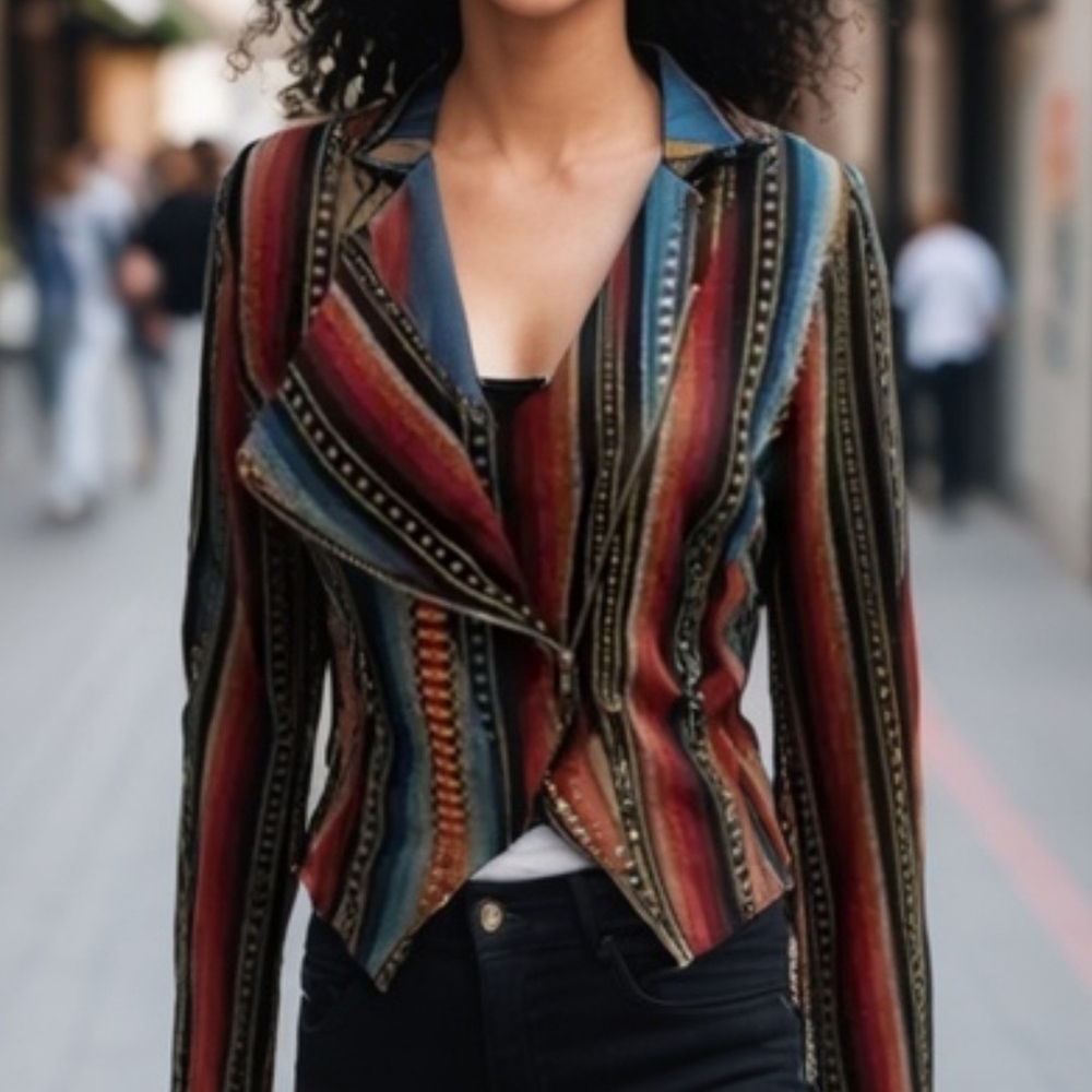 Y2K SABINE BOHO COTTON BLEND CROPPED JACKET BRIGHTLY COLOR STRIPED ON BLACK SZ L